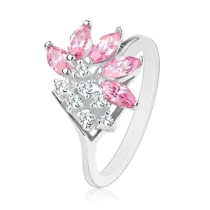 Prsten srebrne boje, prozirni cirkoni, zrna ružičaste boje - Veličina: 54