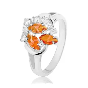 Prsten srebrne boje, prozirni i narančasti cirkoni, sjajni lukovi - Veličina: 54