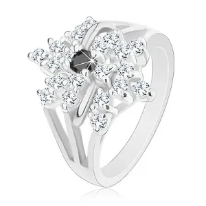 Prsten srebrne boje, razdvojeni krakovi, proziran cvijet, crni cirkon - Veličina: 52