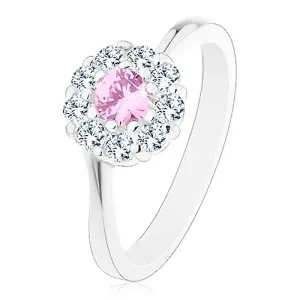 Prsten srebrne boje, roza-prozirni cirkonski cvijet, sjajni krakovi - Veličina: 51