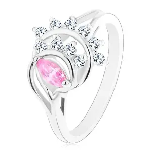 Prsten srebrne boje, roza zrno, prozirni cirkonski lukovi - Veličina: 54