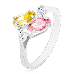 Prsten srebrne boje, ružičasto i žuto cirkonsko zrno, prozirni cirkoni - Veličina: 56