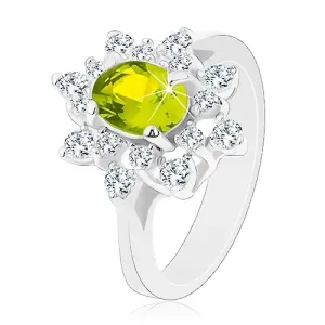 Prsten srebrne boje, sjajni zeleno-prozirni cvijet - Veličina: 52