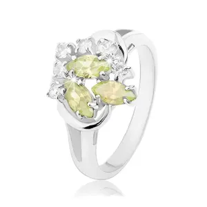 Prsten srebrne boje, svijetlo zeleni i prozirni cirkoni, sjajni lukovi - Veličina: 54
