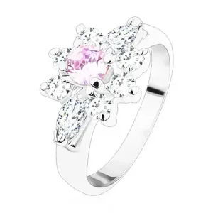 Prsten srebrne boje, svjetlucavi cvijet sastavljen od cirkona prozirne i svijetloružičaste boje - Veličina: 49