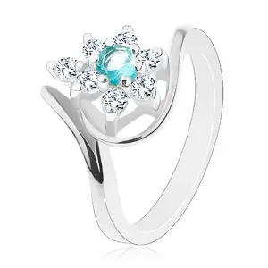Prsten srebrne boje, svjetlucavi prozirni cvijet sa svijetlo plavim središtem, lukovi - Veličina: 51