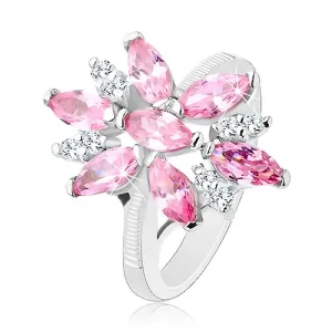 Prsten srebrne boje, veliki cvijet s ružičastim i prozirnim laticama - Veličina: 49