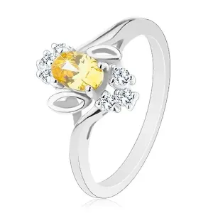 Prsten srebrne boje, žuti brušeni oval, listovi, prozirni cirkoni - Veličina: 58