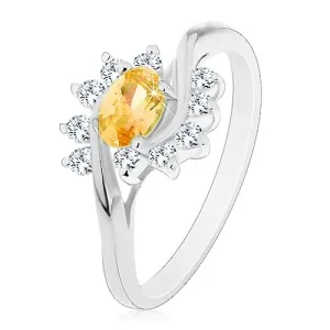 Prsten srebrne nijanse, žuti cirkonski oval, prozirni lukovi - Veličina: 56