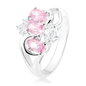 Prsten u srebrnoj boji, razdvojene strane, rozi ovali, prozirni cirkoni - Veličina: 56