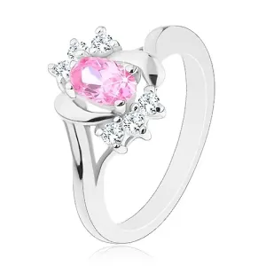Prsten u srebrnoj boji, veliki rozi oval, glatki lukovi sa cirkonima - Veličina: 51