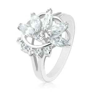 Prsten u srebrnoj nijansi, polu cvijet od cirkona, luc od prozirnih cirkona - Veličina: 52