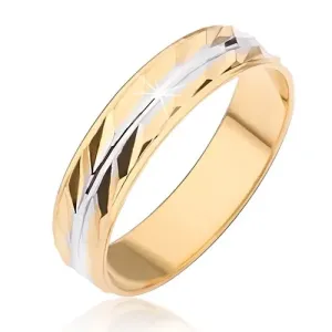 Prsten zlatne boje sa dijagonalnim usjecima i srebrnim centralnim usjekom - Veličina: 49
