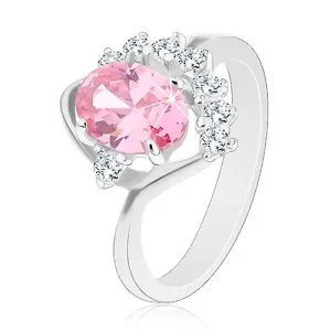 Sjajan prsten sa zakrivljenim krakom, ružičasti oval, prozirni cirkonski luk, luk - Veličina: 58