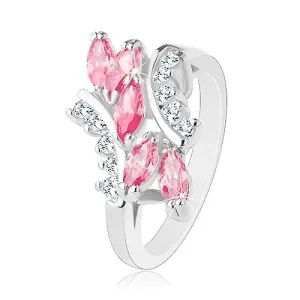 Sjajan prsten srebrne boje, ružičasta cirkonska zrna, prozirni cirkoni - Veličina: 54
