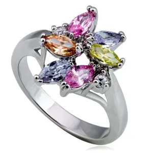Sjajni metalni prsten - cvijet, raznobojni okrugli i u obliku suze cirkoni - Veličina: 53