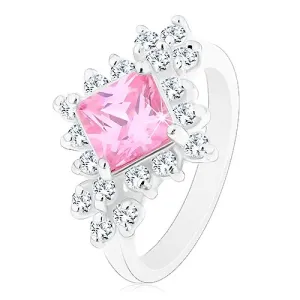 Sjajni prsten, roza cirkonski kvadrat obrubljen okruglim prozirnim cirkonima - Veličina: 52