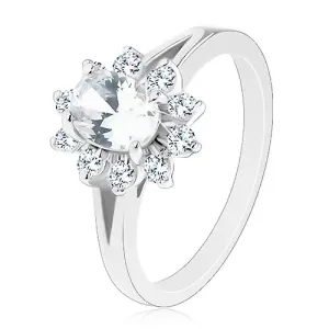 Sjajni prsten srebrne boje, cirkonski ovalni cvijet prozirne boje - Veličina: 54