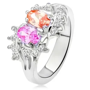 Sjajni prsten srebrne boje, dvobojni umjetni dijamanti, mali prozirni cirkoni - Veličina: 54