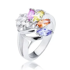 Sjajni prsten srebrne boje, lepeza od prozirnih cirkona i cirkona u boji - Veličina: 51