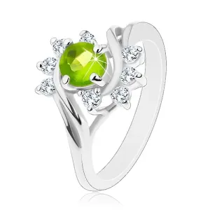 Sjajni prsten srebrne boje, prozirni cirkonski lukovi, svijetlo zeleni cirkon - Veličina: 57