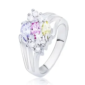 Sjajni prsten srebrne boje, razdvojeni krakovi s ovalnim cirkonima raznih boja - Veličina: 50