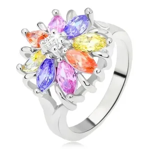 Sjajni prsten srebrne boje, šareni cvijet s brušenim kamenčićima - Veličina: 58