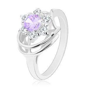 Sjajni prsten srebrne boje, svijetlo ljubičasti cirkonski cvijet, lukovi - Veličina: 49