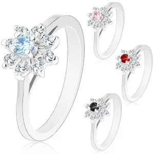Sjajni prsten srebrne nijanse, suženi krakovi, cirkonski cvijet - Veličina: 49, Boja: Crna