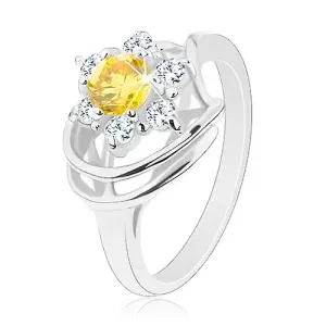 Sjajni prsten srebrne nijanse, žuto-prozirni cirkonski cvijet, lukovi - Veličina: 50