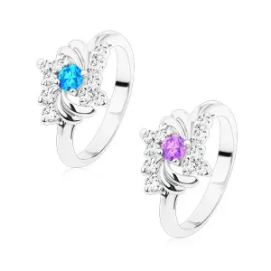 Sjajni prsten u srebrnoj boji, sjajni lukovi, okrugli cirkoni - Veličina: 49, Boja: Akva plava