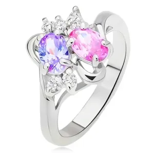 Sjajni prsten, valoviti razdvojeni krakovi, prozirni umjetni dijamanti i u boji - Veličina: 54