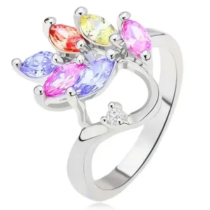 Sjajni prsten - zrnati cirkoni u boji - list, prozirni umjetni dijamanti - Veličina: 48