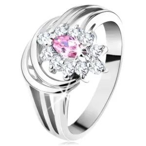 Svijetlucavi prsten, podijeljene strane, rozi prozirni cvijet cirkon, lukovi - Veličina: 48