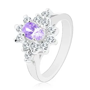 Svjetlucavi prsten srebrne boje, brušeni svijetlo ljubičasti oval, prozirni cirkoni - Veličina: 52