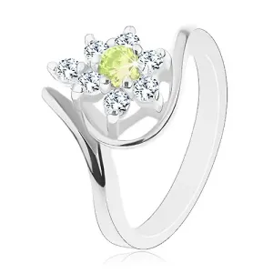 Svjetlucavi prsten srebrne boje, cirkonski cvijet sa žuto-zelenom sredinom - Veličina: 54