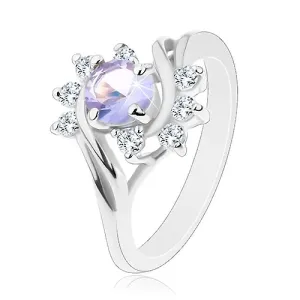 Svjetlucavi prsten srebrne boje, svijetlo ljubičasti okrugli cirkon, lukovi - Veličina: 55
