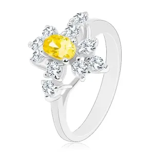 Svjetlucavi prsten srebrne boje, žuti cirkonski oval, okrugli prozirni cirkoni - Veličina: 52