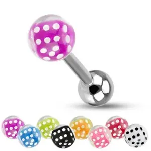 Čelična šipkica za jezik, srebrna boja, loptice, kockica u boji - Piercing boja: Bijela