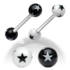 Čelični piercing za jezik, crno-bijele akrilne kuglice sa zvijezdama - Piercing boja: Bijela - Crna