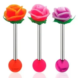 Piercing za jezik, šipkica od 316L čelika, akrilna loptica i UV ruža - Piercing boja: Ružičasta - Bijela - RB