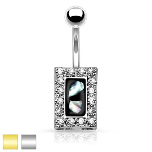 Čelični piercing za pupak, crna duguljasta pločica sa komadićima sedefa, cirkonski rub - Piercing boja: Zlatna