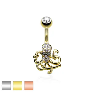 Čelični piercing za pupak - hobotnica, prozirni i crni cirkoni - Piercing boja: Bakrena
