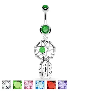 Čelični piercing za pupak - hvatač snova, dva pera, cirkoni, perla - Boja cirkona: Zelena - Z