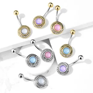 Čelični piercing za pupak . konveksni krug sa prozirnim kristalima i obojenim epoksi kamenom - Piercing boja: Srebrna - ljubičasta