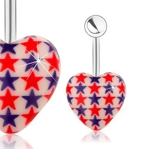 Čelični piercing za pupak, kuglica, bijelo srce, crvene i plave zvijezde