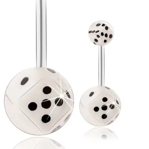 Čelični piercing za pupak, kuglice - bijela igraća kocka u prozirnoj glazuri