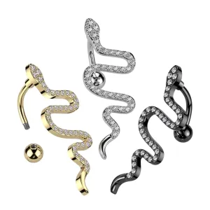 Čelični piercing za pupak - puzeća zmija, prozirni cirkoni, PVD - Boja: Zlatna