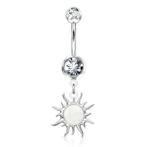 Čelični piercing za pupak srebrne boje - svjetlucav cirkon, sunce - Boja cirkona: Prozirna - P