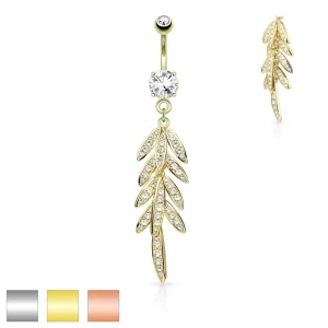 Piercing od nehrđajućeg čelika - viseće lišće s cirkona, svjetlucavi cirkon u postolju - Piercing boja: Zlatna